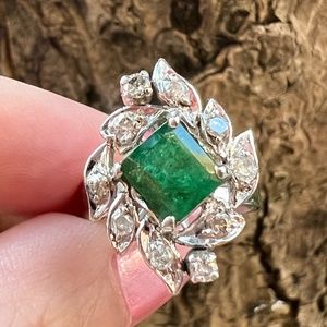 ANTIQUE ART DECO EMERALD DIAMONDS COCKTAIL RING STERLING SILVER CUSTOM MADE